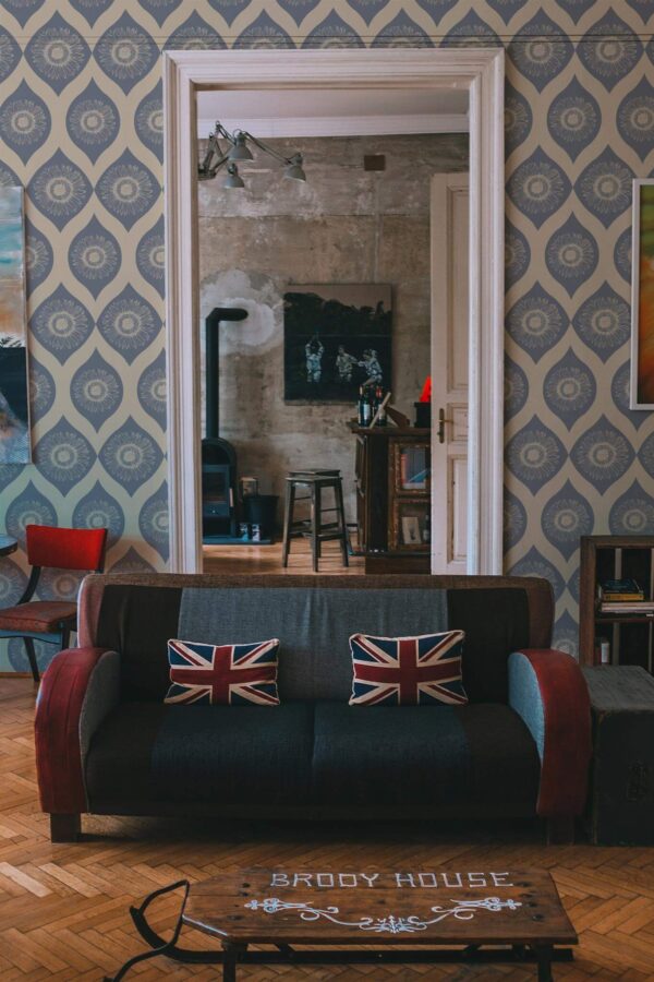 Industrial rustic style living dining room decorated with Ornamental sunflower peel and stick wallpaper
