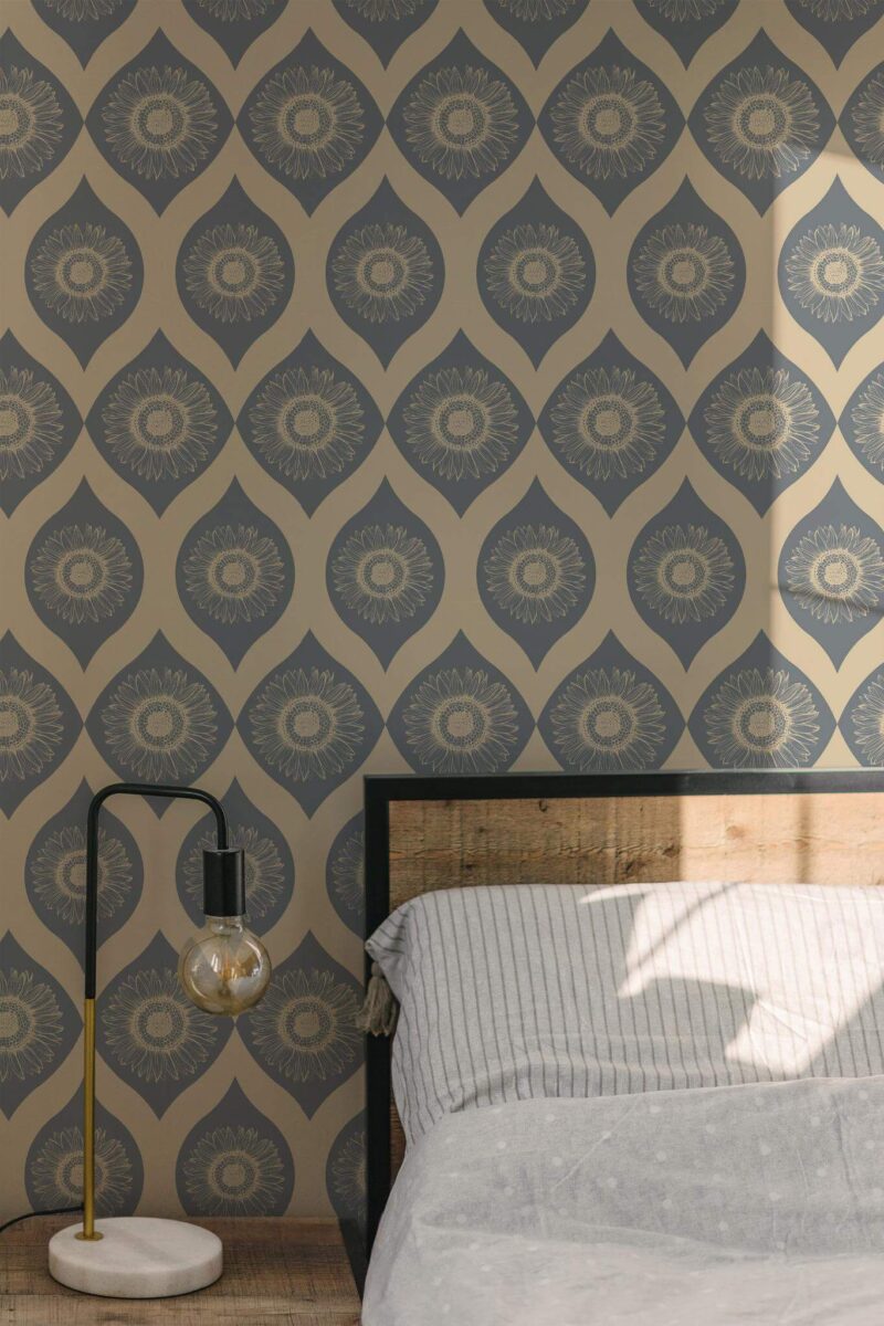 Minimal modern style bedroom decorated with Ornamental sunflower peel and stick wallpaper
