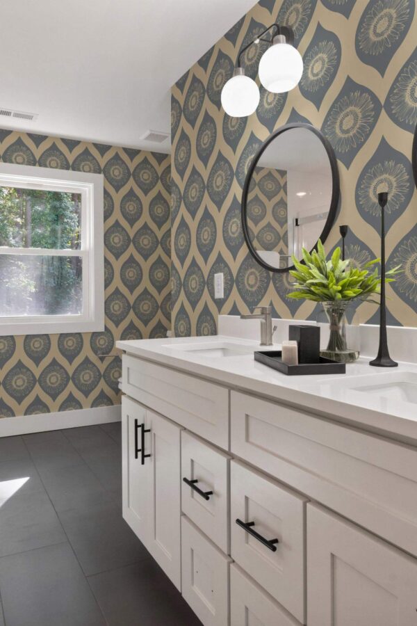 Scandinavian farmhouse style powder room decorated with Ornamental sunflower peel and stick wallpaper