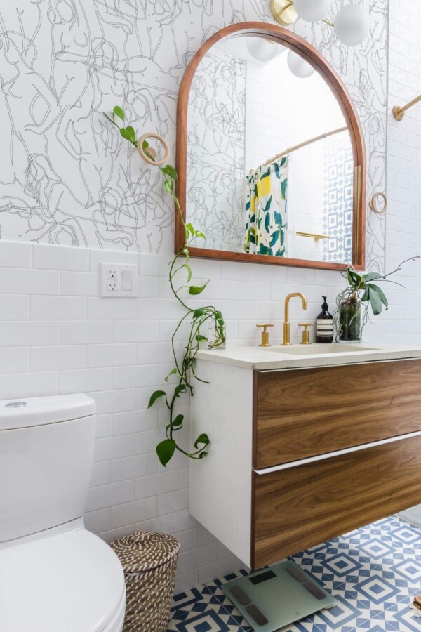 Boho scandinavian style powder room decorated with Outlined lady body peel and stick wallpaper