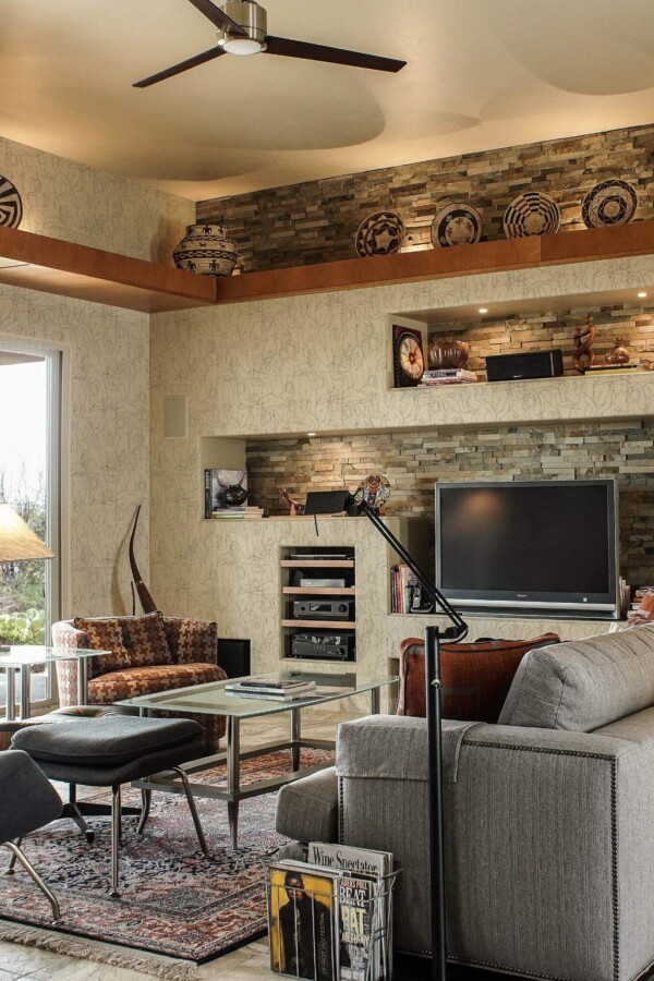 Scandinavian style living room decorated with Outlined lady body peel and stick wallpaper and Mediterranean accents