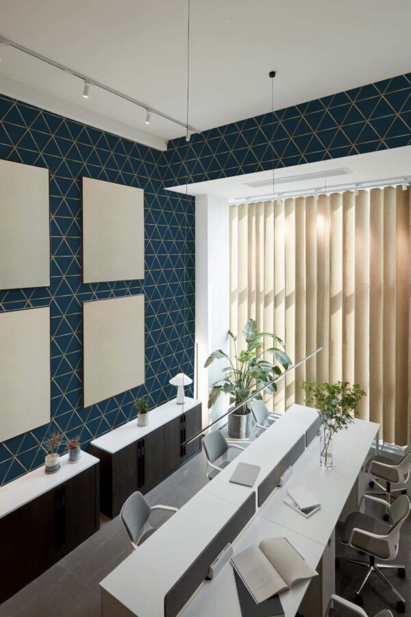 Luxury modern style open office decorated with Oxford blue geometric peel and stick wallpaper