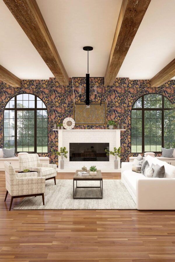 Light farmhouse style living room decorated with Paisley pattern peel and stick wallpaper