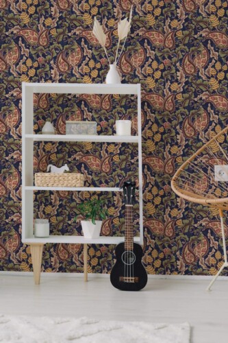 Minimal boho style living room decorated with Paisley pattern peel and stick wallpaper