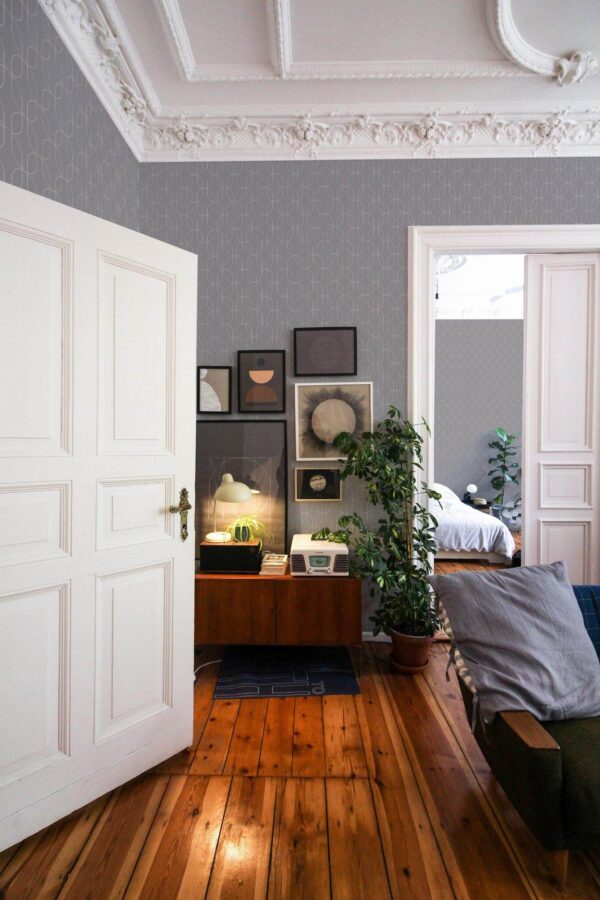 Mid-century modern luxury style living room and bedroom decorated with Palais peel and stick wallpaper