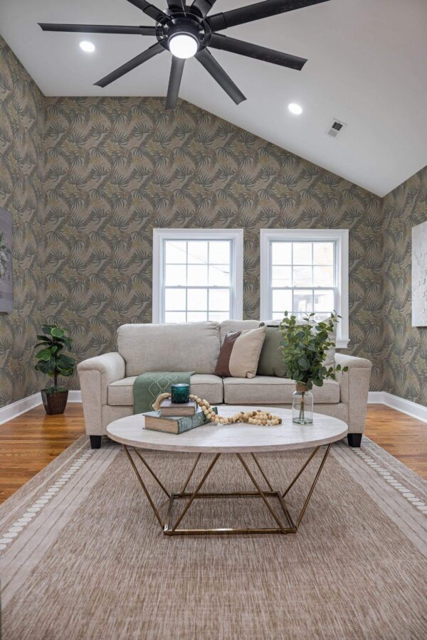 Scandinavian style living room decorated with Palm brown peel and stick wallpaper