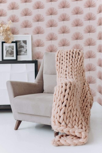 Boho style living room decorated with Palm leaf peel and stick wallpaper