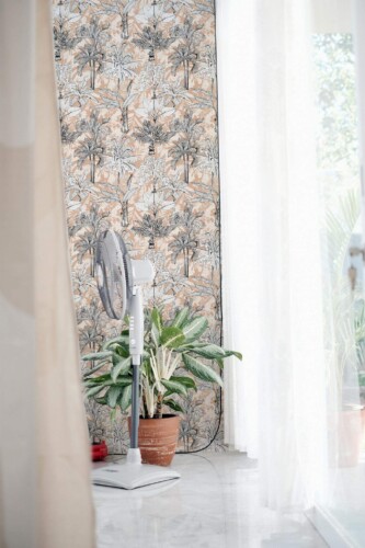 Minimal style living room decorated with Palm tree peel and stick wallpaper