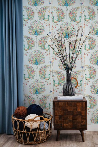 Coastal style living room decorated with Paradise bird peel and stick wallpaper