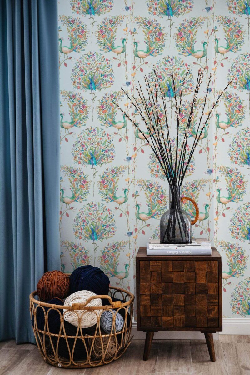 Coastal style living room decorated with Paradise bird peel and stick wallpaper