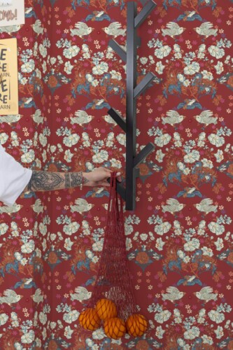 Scandinavian style kitchen decorated with Paradise birds peel and stick wallpaper