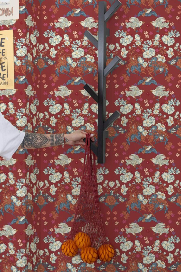 Scandinavian style kitchen decorated with Paradise birds peel and stick wallpaper