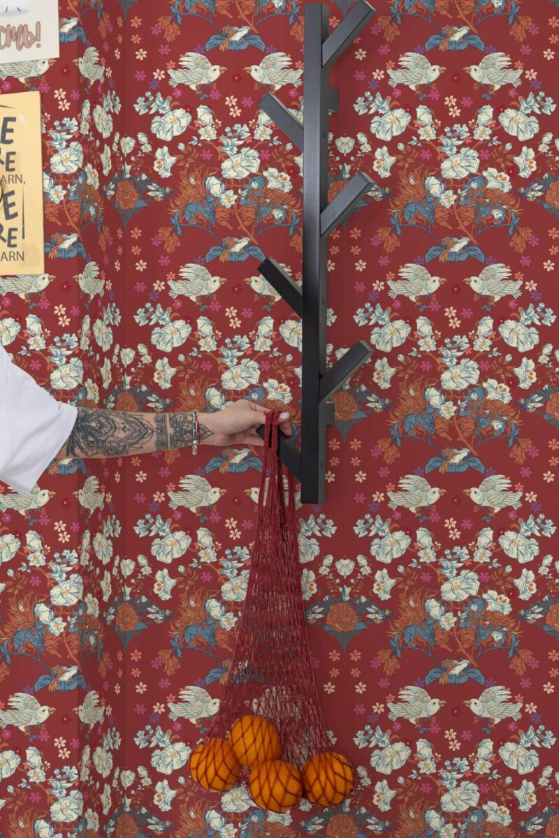 Scandinavian style kitchen decorated with Paradise birds peel and stick wallpaper
