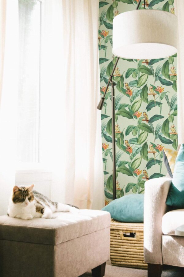 Coastal style living room decorated with Parrot leaf peel and stick wallpaper