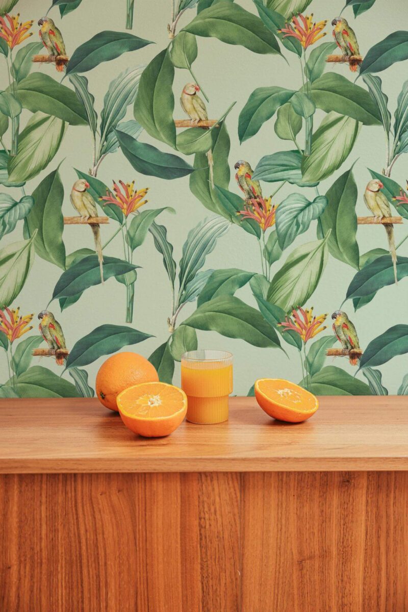 Mid-century style living room decorated with Parrot leaf peel and stick wallpaper