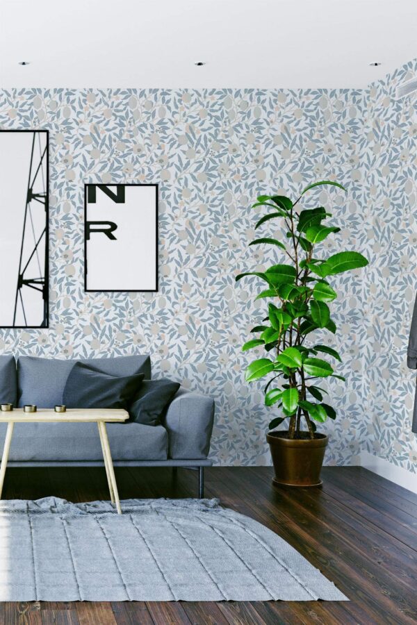 Modern scandinavian style living room decorated with Pastel citrus peel and stick wallpaper