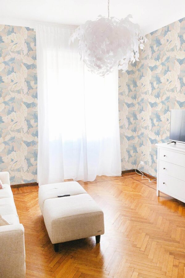Modern boho style living room decorated with Pastel leaf peel and stick wallpaper