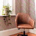 Mid-century modern style living room decorated with Pastel moon peel and stick wallpaper