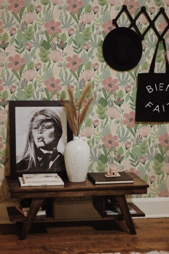 Rustic farmhouse style entryway decorated with Pastel spring peel and stick wallpaper