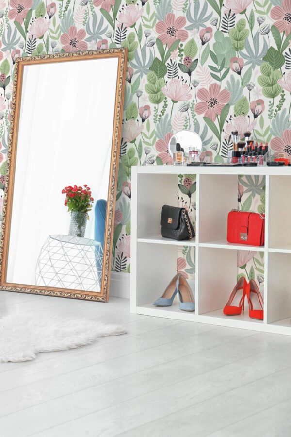 Scandinavian style powder room decorated with Pastel spring peel and stick wallpaper