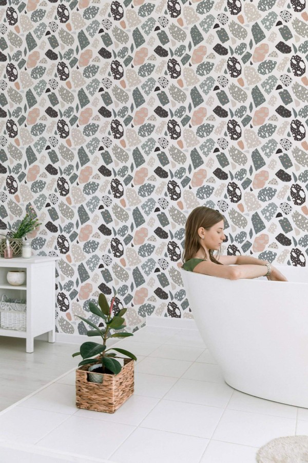 Minimal style bathroom decorated with Pastel terrazzo peel and stick wallpaper