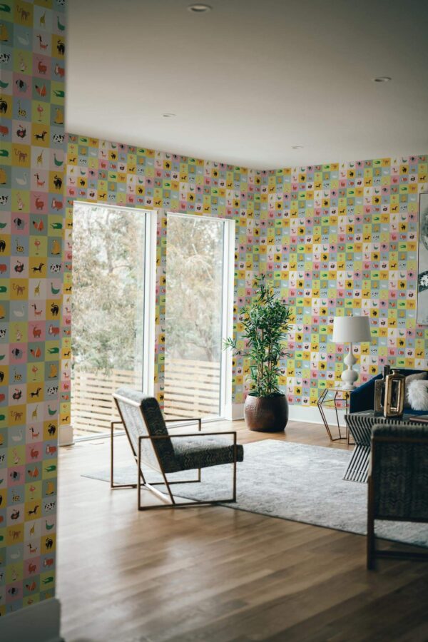 Modern style living room decorated with Pattern animal peel and stick wallpaper