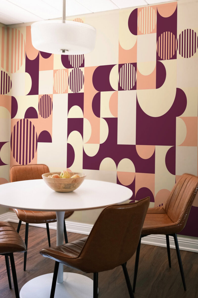 Burgundy Abstract Retro Wall Mural with geometric Bauhaus shapes in burgundy, peach, and beige tones, ideal for kitchens, dining areas, or stylish retro interiors.