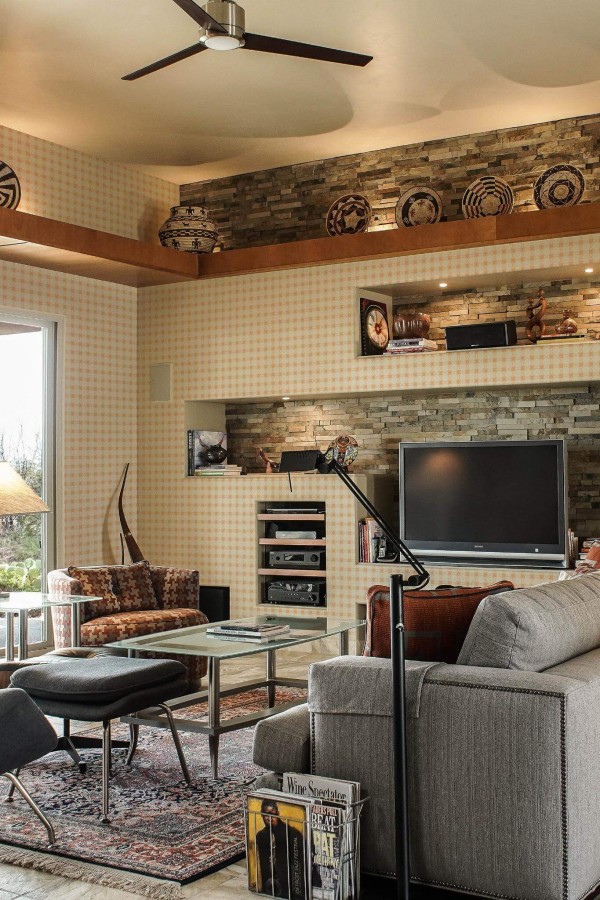 Scandinavian style living room decorated with Peach polka dot peel and stick wallpaper and Mediterranean accents