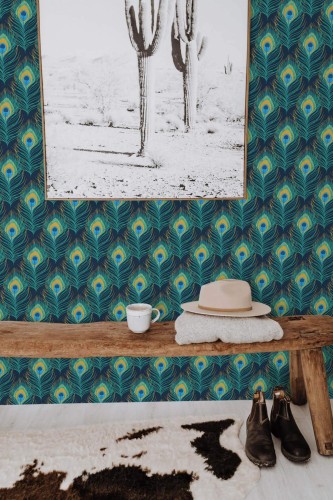 Elegant peacock feathers in rich blues, greens, and golds create a stunning focal point on the wall. The intricate design adds sophistication and vibrancy to the space, complementing the rustic wooden bench and modern accessories. Ideal for creating a bold and artistic atmosphere in your living room or entryway. The Fancy Walls peel and stick or non-pasted wallpaper is perfect for transforming any room with effortless elegance.