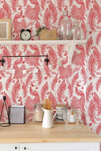 Light farmhouse style kitchen decorated with Peacock backsplash peel and stick wallpaper