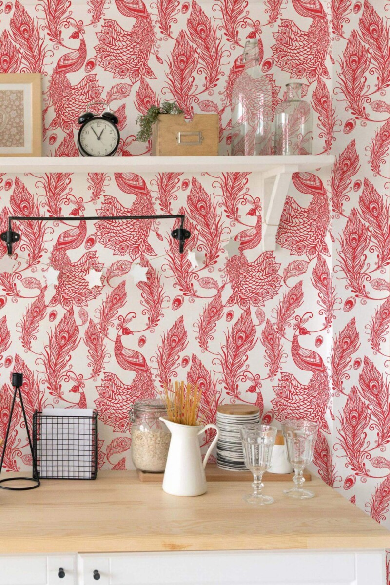Light farmhouse style kitchen decorated with Peacock backsplash peel and stick wallpaper