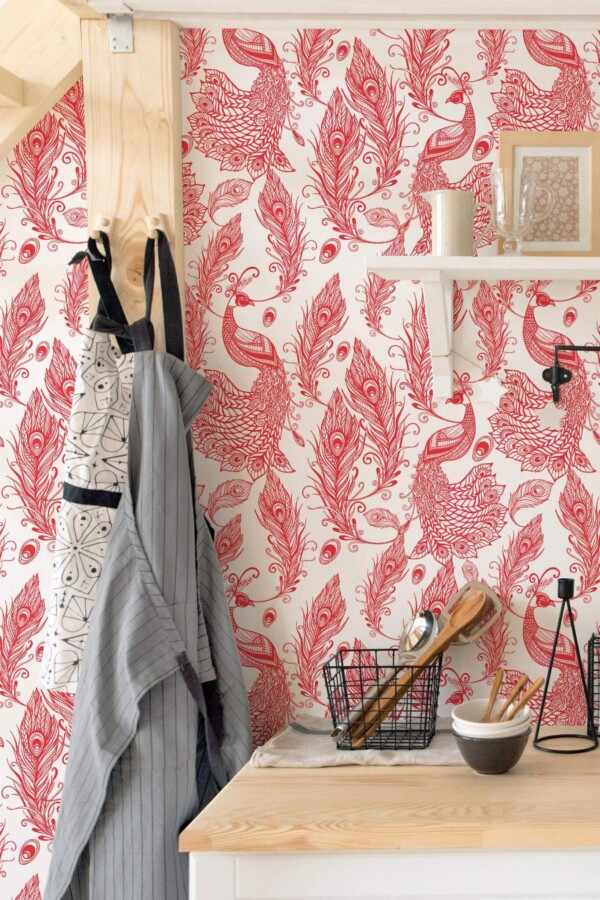 Minimal scandinavian style kitchen decorated with Peacock backsplash peel and stick wallpaper