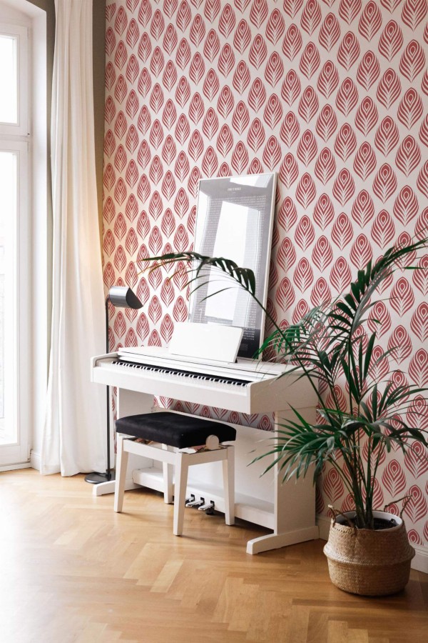 Modern style living room with a piano decorated with Peacock Feather peel and stick wallpaper