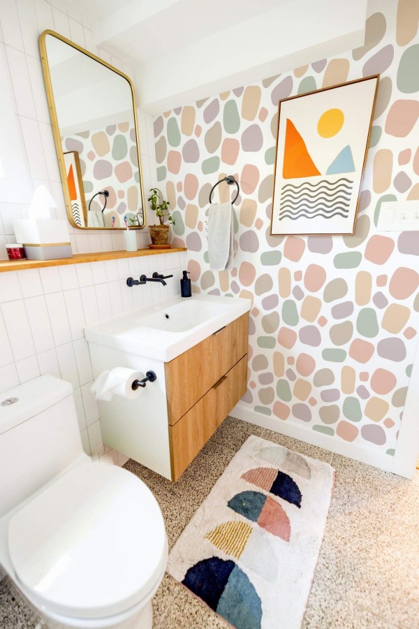 Modern boho style coffee bar decorated with Pebble peel and stick wallpaper