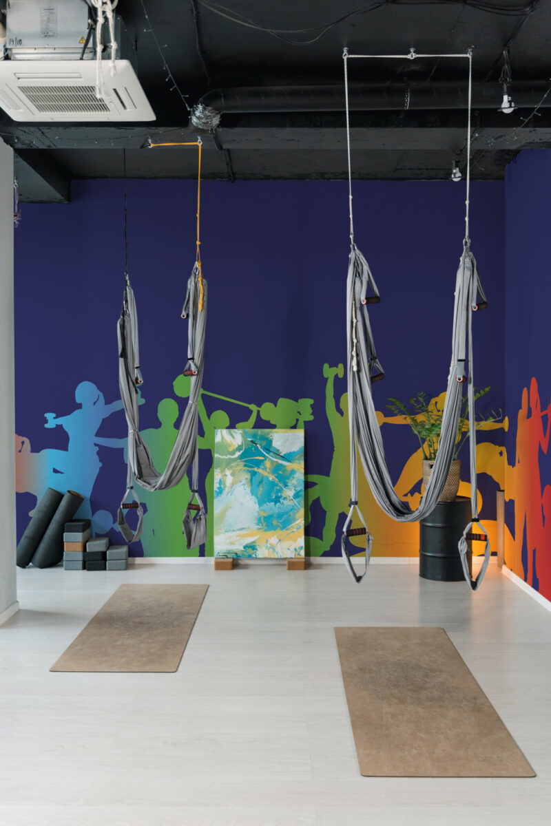 Colorful Motion Gym Silhouettes Wall Mural with vibrant sport silhouettes on a blue background, ideal for gyms, fitness clubs, and yoga studio interiors.