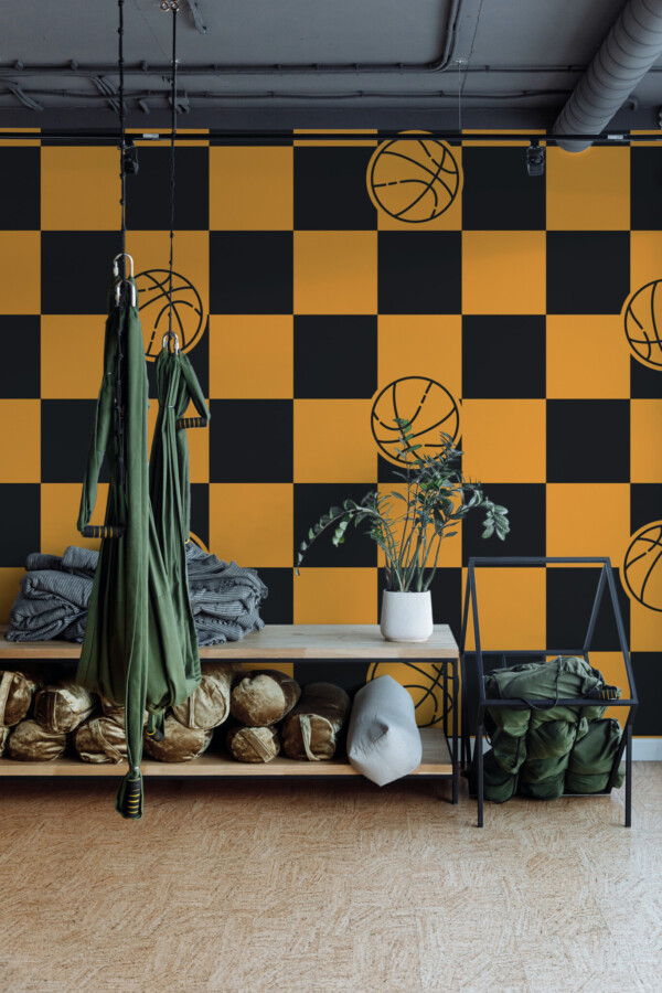 Fancy Walls removable wall mural with vibrant orange basketball pattern.