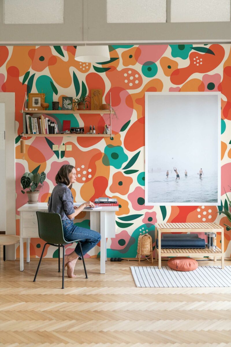 Floral Burst peel and stick or non-pasted wall mural. Fancy Walls removable self-adhesive or traditional funky floral eco-friendly and PVC-free living room wall mural.