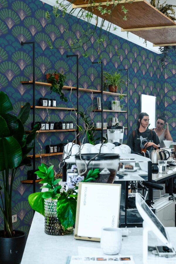 Traditional wallpaper with blue Art Deco Palm pattern by Fancy Walls.