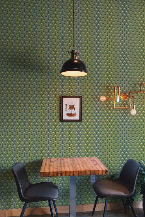 Traditional wallpaper in Chartreuse art deco feathers pattern by Fancy Walls