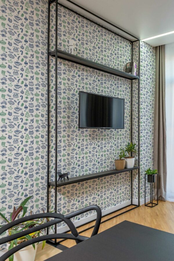 Self-adhesive wallpaper with blue Christmas elements by Fancy Walls