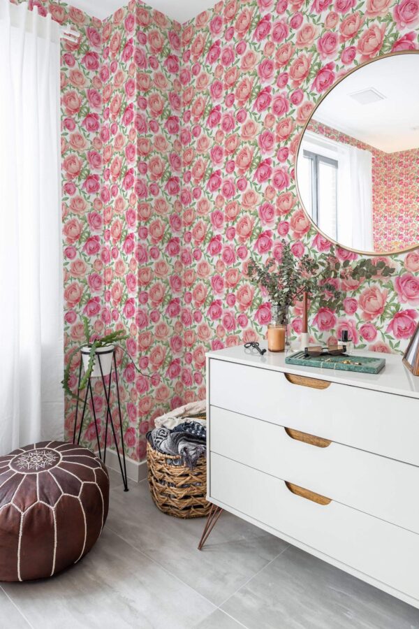 Scandinavian style bedroom decorated with Peony peel and stick wallpaper and Mediterranean accents