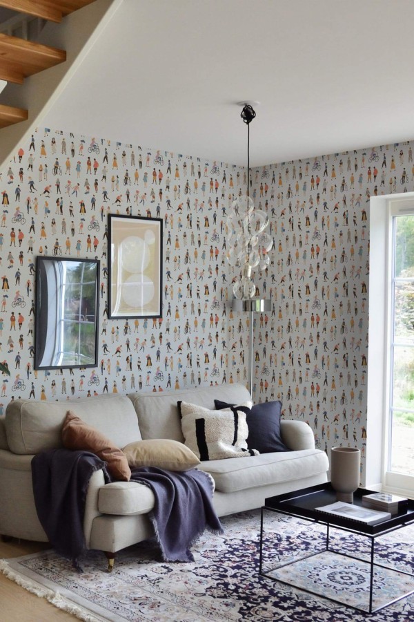 Contemporary style living room and kitchendecorated with People in the city peel and stick wallpaper