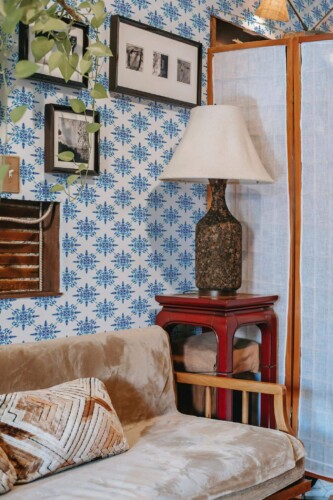 Southwestern style living room decorated with Petite Azuejo peel and stick wallpaper