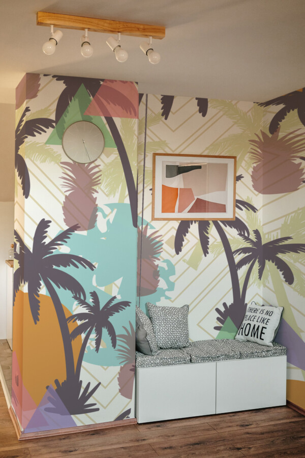 Removable wall mural with a colorful geometric palm pattern in retro tropical style by Fancy Walls