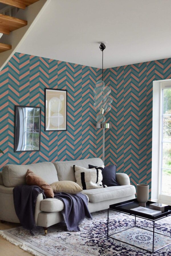 Contemporary style living room and kitchendecorated with Pink and blue geometric peel and stick wallpaper