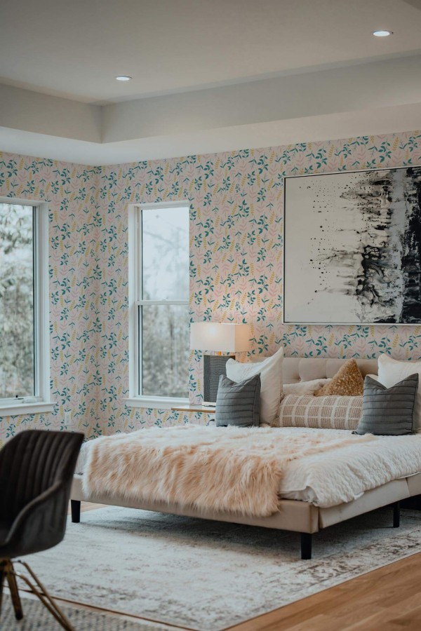 Luxury modern style bedroom decorated with Pink and green leaf pattern peel and stick wallpaper