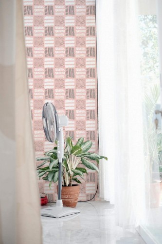Minimal style living room decorated with Pink and white lines peel and stick wallpaper
