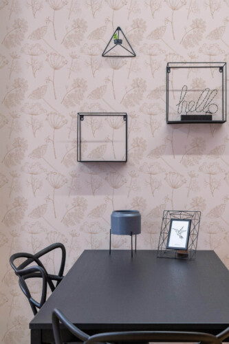 Industrial modern style dining room decorated with Pink anthriscus peel and stick wallpaper
