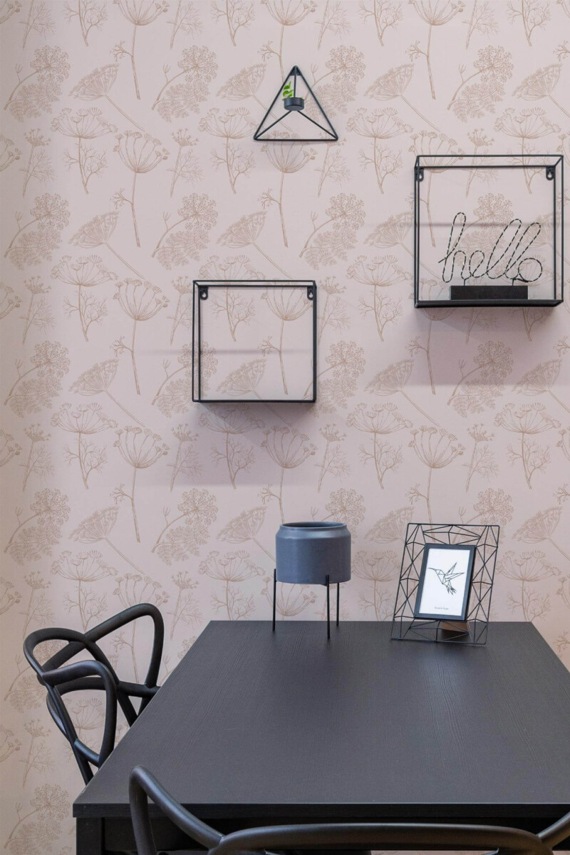 Industrial modern style dining room decorated with Pink anthriscus peel and stick wallpaper