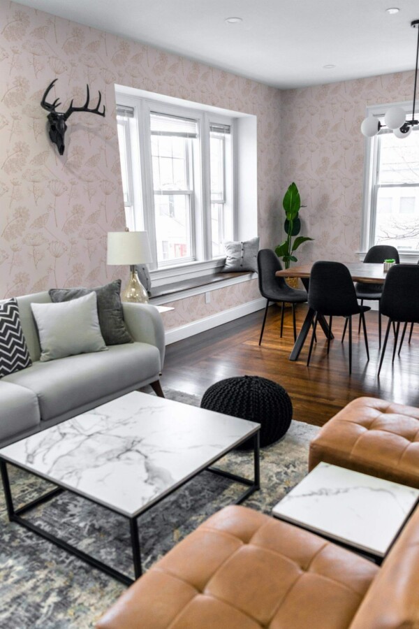 Mid-century modern scandinavian style living dining room decorated with Pink anthriscus peel and stick wallpaper